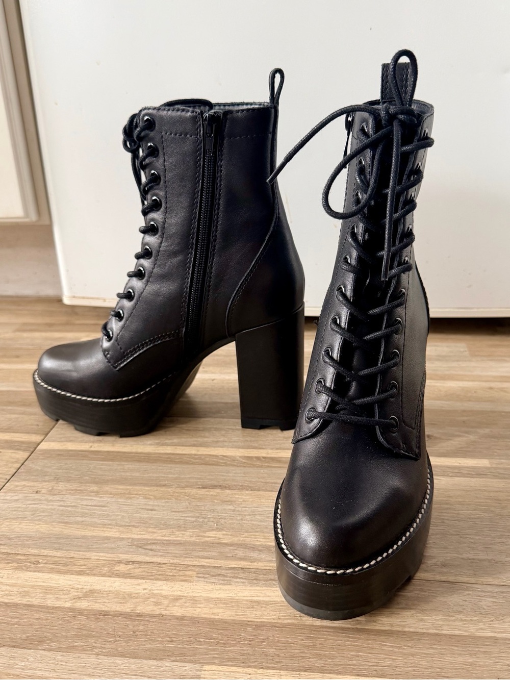 Steve Madden Alora Black Lace-Up Chunky Platform Heel Combat Boots, Women’s 6